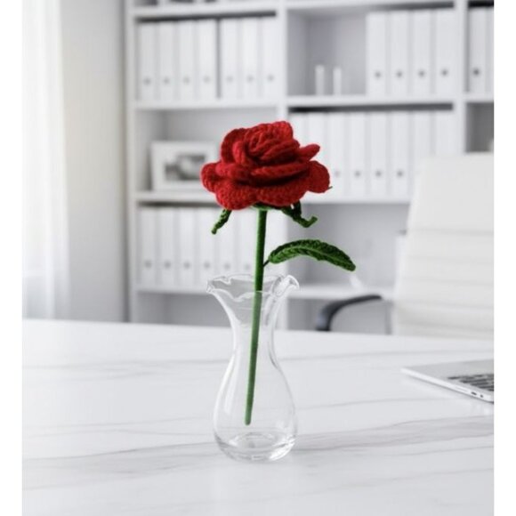 Handmade Crochet Red Rose Flower Arrangement Gift Idea Romantic Home Office Deco - Picture 1 of 5